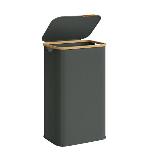 SONGMICS Laundry Hamper, Laundry Basket with Lid, Foldable Storage Basket, Bamboo Frame, for Bedroom, Living Room, Oxford Fabric, 26.4 Gal. (100 L), Slate Gray ULCB518GN01 - color: Slate Gray, size: 100 L (1-Section)