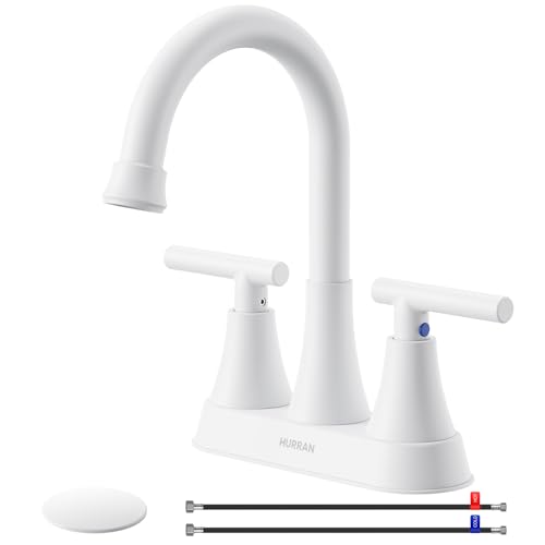 Bathroom Faucet, Hurran 4 inch Centerset 2-Handle Lead-Free, White | Bathroom Sink Faucet with Pop-up Drain and Supply Lines, Stainless Steel Faucet for Vanity RV Restroom Laundry Outdoor Sink - color: White