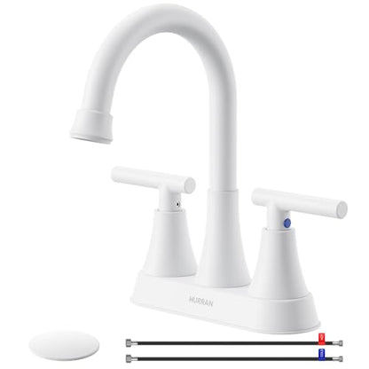 Bathroom Faucet, Hurran 4 inch Centerset 2-Handle Lead-Free, White | Bathroom Sink Faucet with Pop-up Drain and Supply Lines, Stainless Steel Faucet for Vanity RV Restroom Laundry Outdoor Sink - color: White