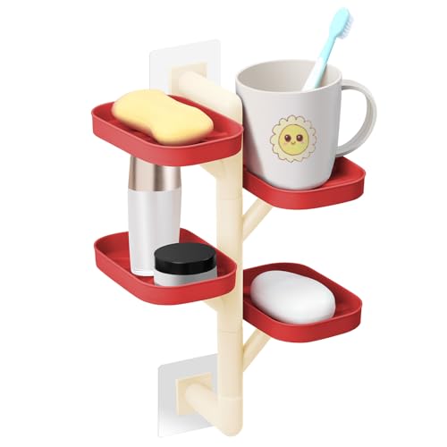 Soap Holder Four Layer Wall Mounted NO-Drilling Rotatable Self-draining Removable Soap Dish for Shower Bathroom Tray,Self Draining Sponge Holder,Razor Holder (Red/Ecru) - color: Red/Ecru