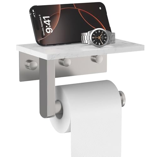 Brushed Nickel Toilet Paper Holder with Marble Shelf Tissue Roll Holder | 304 Stainless Steel Wall Mounted Toilet Paper Roll Holder Screw-Mounted Tissue Holder for Bathroom Washroom by BATHLAVISH - color: Brushed Nickel