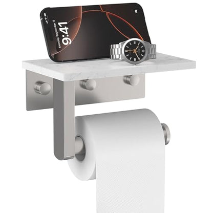 Brushed Nickel Toilet Paper Holder with Marble Shelf Tissue Roll Holder | 304 Stainless Steel Wall Mounted Toilet Paper Roll Holder Screw-Mounted Tissue Holder for Bathroom Washroom by BATHLAVISH - color: Brushed Nickel