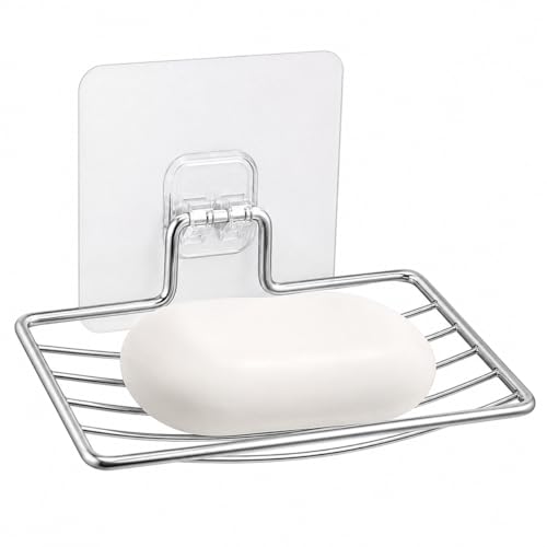 Bar Soap Holder for Shower Wall, Adhesive Stainless Steel Dish with Hooks, Rustproof Saver Tray for Bathroom Kitchen Sink, No Drilling Sponge Razor Storage Caddy, Square Drain Rack