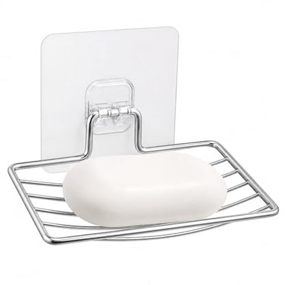 Bar Soap Holder for Shower Wall, Adhesive Stainless Steel Dish with Hooks, Rustproof Saver Tray for Bathroom Kitchen Sink, No Drilling Sponge Razor Storage Caddy, Square Drain Rack