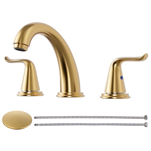WOWOW Widespread Bathroom Faucet Brushed Gold Bathroom Sink Faucet 3 Hole Vanity Faucet 2 Handle Basin Faucets 8 Inch Mixer Tap with Pop Up Drain and Supply Hose - color: Brushed Gold