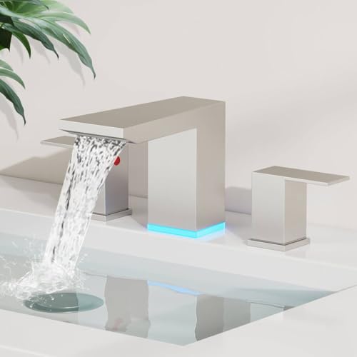 BESy LED Brushed Nickel Square Bathroom Faucets 3 Hole Waterfall 8 Inch Widespread with 3 Colors Light Changing Sink Faucet with Pop-up Drain and Supply Lines 2 Handles for Vanity, Lavatory, Restroom - color: Brushed Nickel