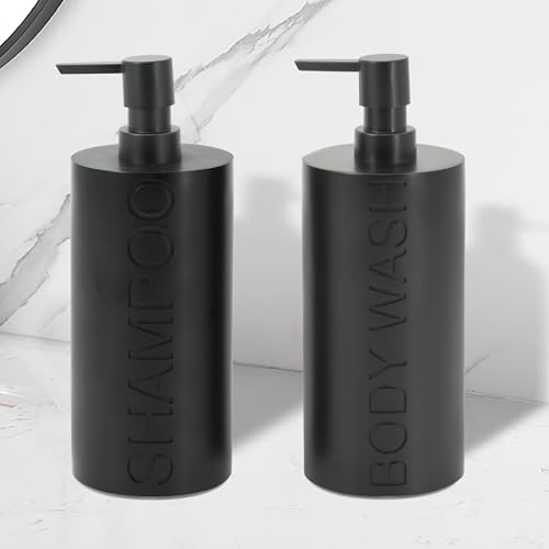 2-Pack Matte Black Resin Refillable Shampoo & Body Wash Bottles – Modern Bathroom Pump Dispenser Set, Durable Resin Shower Containers with Embossed Labels, Reusable Pump Bottle - color: 2pack Black Shampoo and Body Wash Set