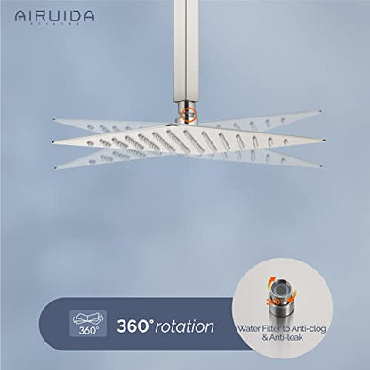 Airuida 10 Inch Brushed Nickel Shower Faucet Set,Rainfall Shower System | Ceiling Shower Head,Male Thread Rough-in Valve,Ceiling Mount,Single Handle - color: Brushed Nickel, size: 10 Inch