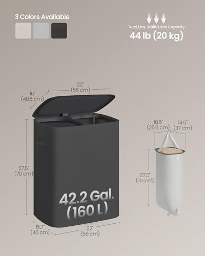 SONGMICS Laundry Basket with Lid, 42.2 Gallons, 2-Compartment Laundry Hamper with Handle, Removable Liner, Easy Assembly, 22 x 15.7 x 27.5 Inches, Slate Gray ULCB822B101 - color: Slate Gray