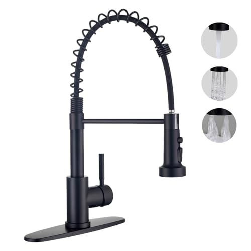 Kitchen Faucets with Pull Down Sprayer, Matte Black Stainless Steel Single Handle Pull Out Spring Sink Faucet, 3 Function Sprayer 1 or 3 Hole Deck Plate for Farmhouse Laundry Rv Bar - color: Matte Black, style: Classic