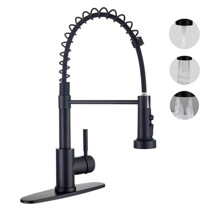 Kitchen Faucets with Pull Down Sprayer, Matte Black Stainless Steel Single Handle Pull Out Spring Sink Faucet, 3 Function Sprayer 1 or 3 Hole Deck Plate for Farmhouse Laundry Rv Bar - color: Matte Black, style: Classic