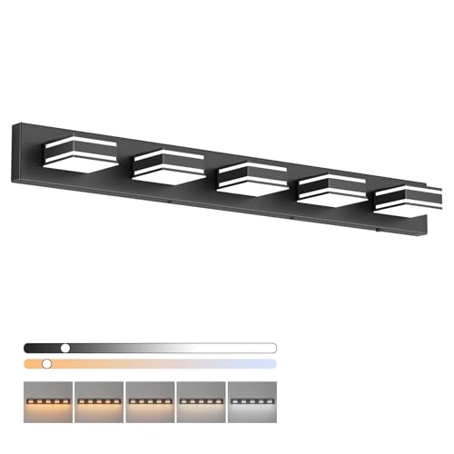 Ralbay 40.5inch Black Vanity Light with 5 Color Temperatures (3000K-6000K) Dimmable Metal Acrylic Modern LED Matte Black Bathroom Lighting Over Mirror (5-Light) - color: Black-5 Color Temperature, size: 40.5 inch