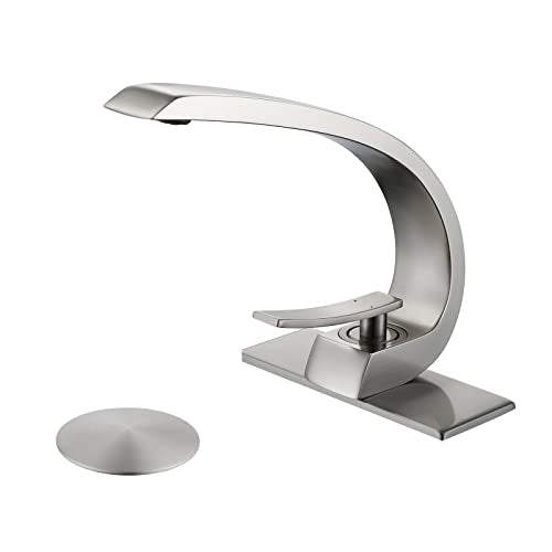 Brushed Nickel Bathroom Faucet,Modern Single Hole Bathroom Faucet,High Arc Brass Bathroom Sink Faucet with 1 Hole 3 Hole Mount 6-Inch 10-Inch Deckplate,Pop Up Overflow Drain Assembly Included - color: Brushed Nickel, style: With Drain