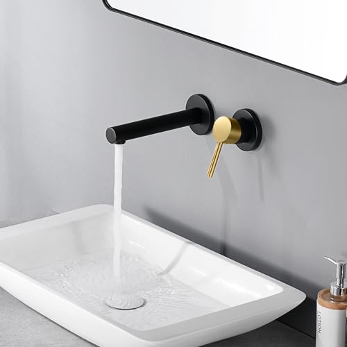 SUMERAIN Wall Mounted Bathroom Sink Faucet Black and Gold Finish, Lavatory Faucet with Single Handle and Rough in Valve - color: Black and Gold, size: Right Handle