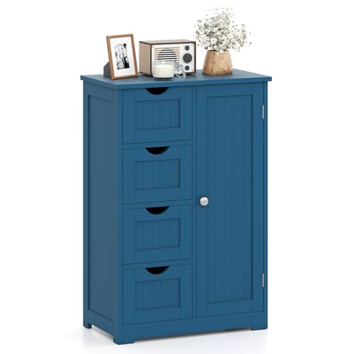 Giantex Bathroom Cabinet, Freestanding Storage Cabinet with 1 Door & 4 Drawers, 3-Level Adjustable Shelf, Anti-toppling System, Modern Storage Organizer for Bathroom, Living Room, Kitchen (Blue) - color: Blue