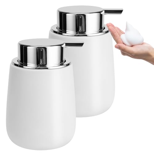 Soap Foaming Dispenser Ceramic with Easy-to-Press Pump Hand Foam Dispenser for Shampoo Bathroom Kitchen 12 oz 2pcs - color: Foam-silverwhite