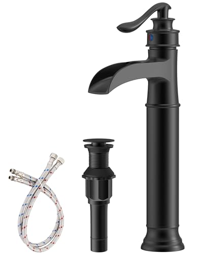 Matte Black Vessel Sink Faucets Waterfall Bathroom Faucet Single Handle | 1 Hole Brass for Lavatory Farmhouse with Pop Up Drain Mixer Tap Without Overflow Supply Line by Homevacious - color: Matte Black