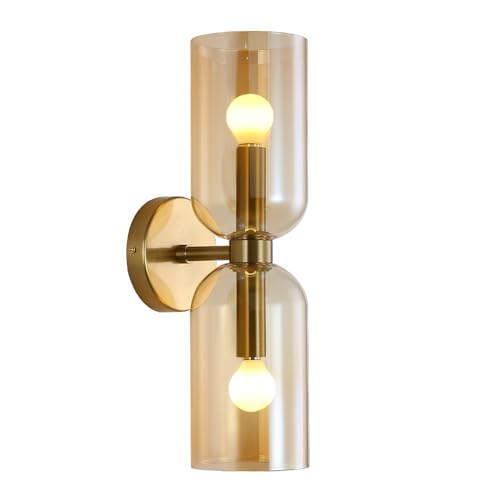 EFINEHOME Minimalist 2-Light Gold Wall Sconces with Cylinder Glass Shades- Mid Century Vanity Wall Double Lights Hardwired- Modern Indoor Glass Wall Mounted Art Decor Lights (Amber, 1 Pack) - color: Amber