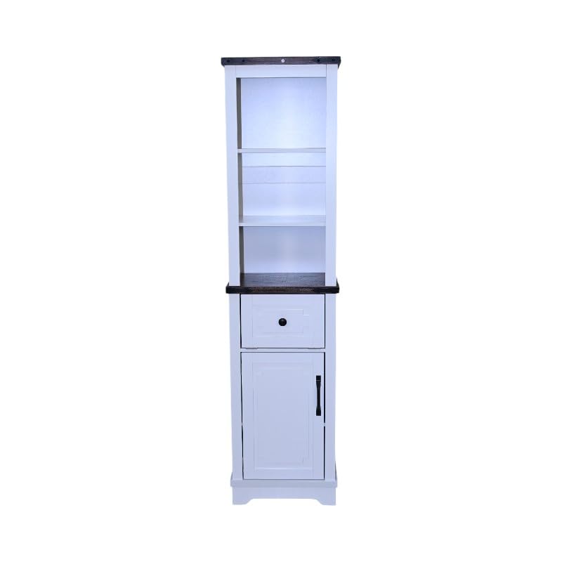 Farmhouse Storage Cabinet with Adjustable Shelves, Narrow Tall Linen Tower for Bathroom and Living Room, White with Black Walnut Color