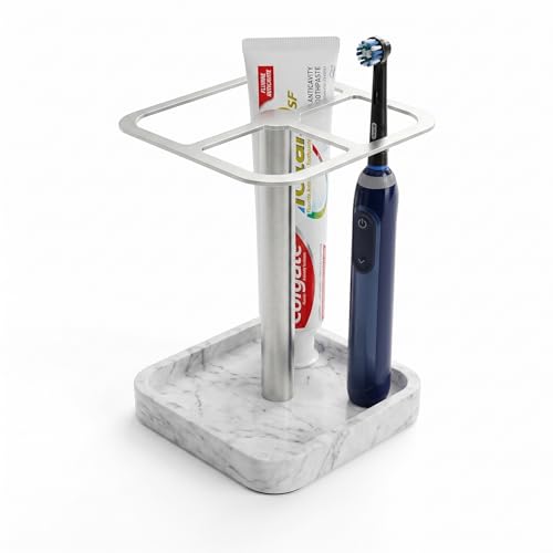 Stainless Toothbrush Holder，3-Slot Design with Resin Marble Base | White Silver Collection: Stainless Steel Electric Toothbrush Holder – Rustproof Vanity Organizer & Space-Saving Caddy - color: White Silver