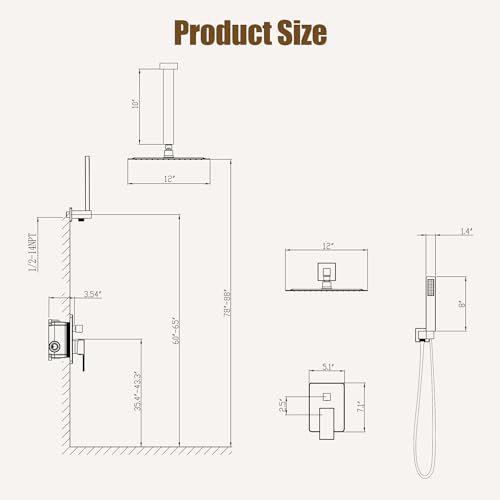 ESNBIA Gold Shower Head System, All Metal 12 Inches Ceiling Shower Faucet Set with Valve, Rain Shower Head with Handheld Spray Combo, Brushed Gold - color: Brushed Gold, size: 12 Inch