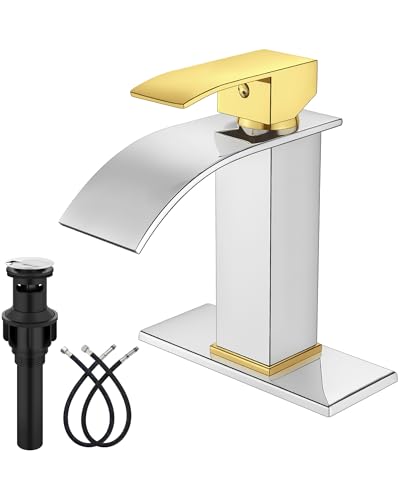Midanya Waterfall Bathroom Faucet 1 Hole,Polish Gold Handle/Polish Chrome | with 24” Hoses,Pop Up Drain,6” Deck Plate,for 1 or 3 Hole Vanity,Lavatory,RV,Single Handle Bathroom Sink Faucet,NSF Certified - color: Bright Gold Handle/Chrome