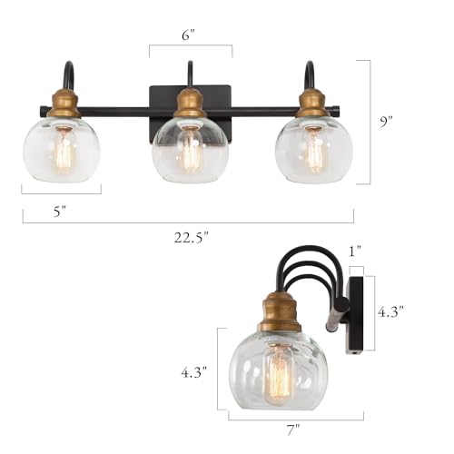 KSANA Farmhouse Bathroom Light Fixture, Modern Black Gold 3-Light Vanity Light with Opening Clear Glass Shade, Modern Antique Brass Wall Lamp Over Mirror - color: Black Gold, size: 3-Light Opening Bathroom Vanity Light