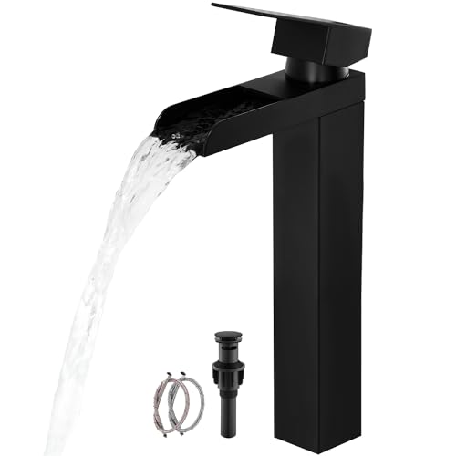 Black Tall Waterfall Bathroom Faucet, Single Hanlde Vessel Sink Faucet with Waterfall Spout, Bathroom Faucets for 1 Hole, RV Lavatory Vanity Mixer Bar Tap with Pop Up Drain and Hoses KMBF015B | Bathroom Faucets for RV Lavatory Vanity Mixer Bar Tap with Po