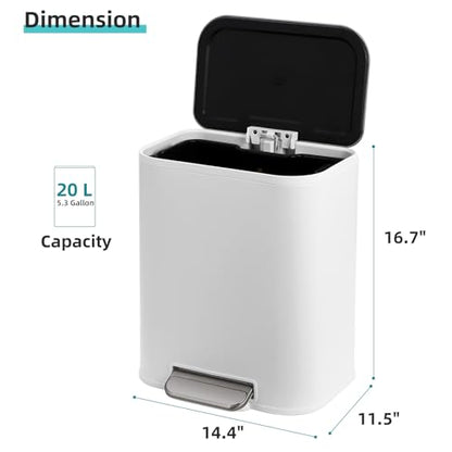 GarveeHome Kitchen Trash Can, 5.3 Gal Stainless Steel Garbage Can, White | Soft Close Lid, Foot Pedal & Removable Inner Bucket, Rectangular Step On Waste Bin for Office Bedroom - color: White, size: 20 L
