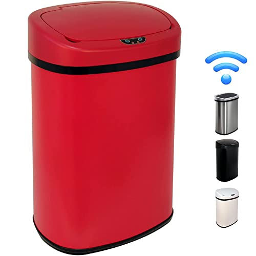 Kitchen Trash Waste Bin 13 Gallon 50 Liter High Capacity Brushed Stainless Steel Garbage Can Touch Free Automatic Trash Can with Lid for Home Office Red - color: Red