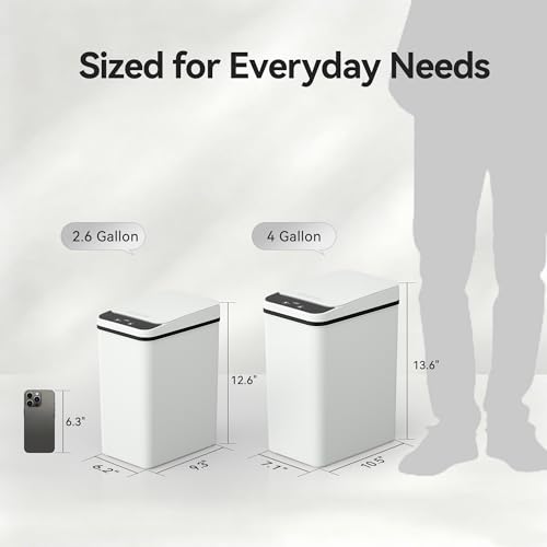 FRESHLIX Bathroom Garbage Can with Lid, 2.6 Gallon Diaper Trash Can, Automatic Trash Cans Touchless, Slim Waterproof Smart Commercial Trash Can for Bedroom, Bathroom, Office, Living Room, Toilet, RV - color: A-Basic Battery Supply-White, size: 1 Pack(2.6