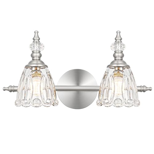 Vintage Vanity Light Fixtures for Bathroom, 2 Light Brushed Nickel Vanity Lighting Over Mirror, Bathroom Light Fixtures with Flower Clear Glass, Farmhouse Sconces Wall Lighting for Hallway - color: Nickel, size: 2 light
