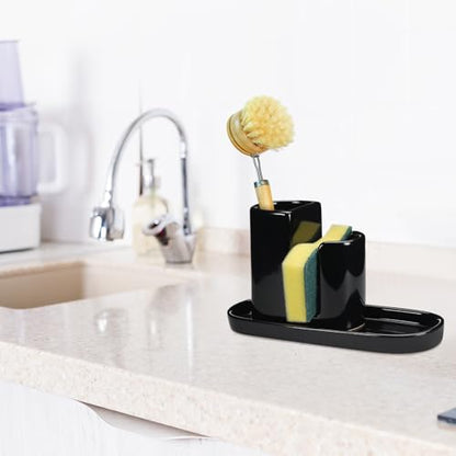 3 in 1 Ceramic Kitchen Sink Caddy Dish Sponge Holder Scrub Brush Holder and Soap Tray for Kitchen Organizer Rustic Farmhouse Supplies(Black) - color: Black