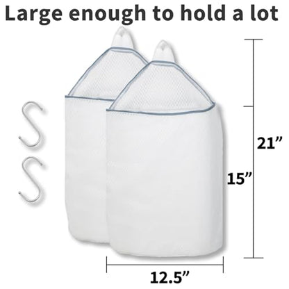 2Pcs Mesh Hanging Laundry Bags for Washing Machine, 15 X 12 inch Wash Bag for Clothes Delicates Lingerie with S Hooks