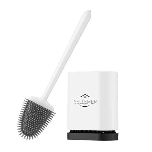 Silicone Toilet Brush, Ventilation Slots Holder 1 Pack Pearl White | Flexible Bristles Flat Head for Rim, Hair Tangle-Free, Easy to Clean, Compact Design, Rustproof Handle, for Toilet/Sink/Tub - color: White