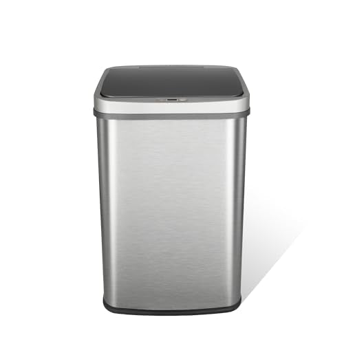 Ninestars DZT-50-28BR Automatic Touchless Motion Sensor Rectangular Trash Can, Black Top, 13 Gal. 49 L., Brush - color: Silver & Black