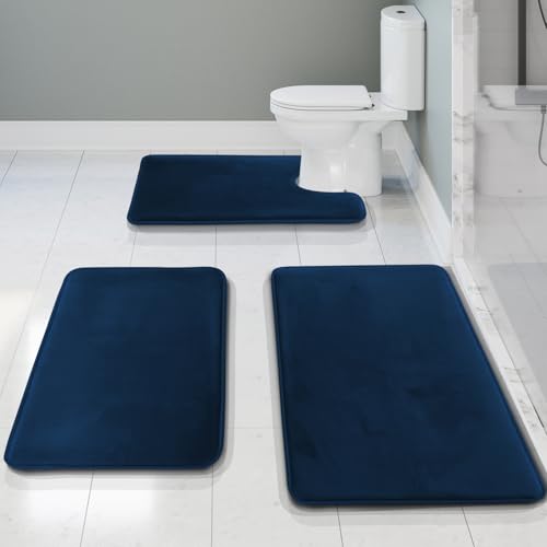 Clara Clark 3 Piece Bathroom Rugs Bath Mat Set, Velvet Memory Foam Bath Mats for Bathroom - Non-Slip, PVC Backing Bath Rugs, Washable - Dries Quickly, Blue - color: Blue