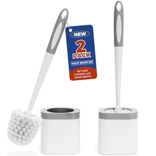Holaloha Toilet Brush and Holder Set, Space Saving, 2 Pack, White | Bathroom Accessories, Ergonomic Silicone Handle, Dense Bristles, Deep Cleaning, Scrubber, Compact Design - color: White
