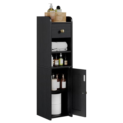 Lomojo Small Bathroom Storage Cabinet with Drawer,7.75L*7.75D*29.6H(Black) | Narrow Toilet Paper Holder, Corner Floor Cabinet with Doors and Drawer for Bathroom Small Space, Adjustable Shelf Organizer - color: Black
