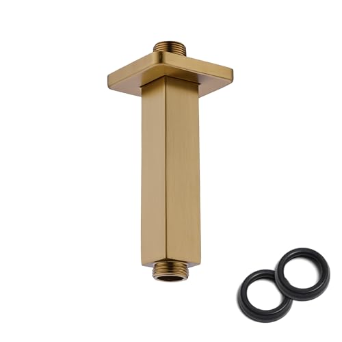 4 Inch Shower Arm with Flange, Ceiling Mounted Square Shower Head Extension Arm, 1/2 NPT Straight Arm for Rain Shower Head, Stainless Steel Shower Head Extension Replacement Pipe Arm, Brushed Gold - color: Brushed Gold, style: 4-Inch