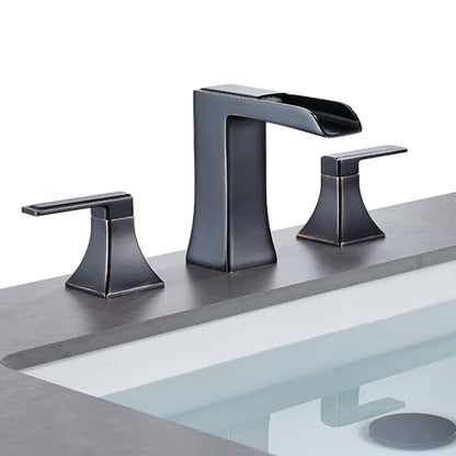 Oil Rubbed Bronze Bathroom Faucet, Sanliv 2-Handle Widespread Bathroom Faucet for 3-Hole Sinks 4-16 inch, Bronze Waterfall Vanity Faucet with Pop-Up Drain (ORB) - color: Oil Rubbed Bronze