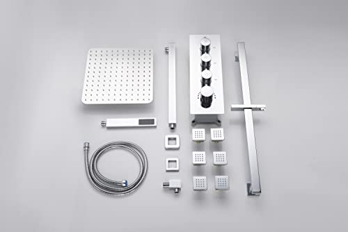 Cascada Luxury 12” Rainfall Shower set (Wall Mounted) with 4 knob thermostatic Valves & 3 functions (Rainfall, Body jets & Hand Shower) (Brushed Nickel) - color: Brushed Nickel