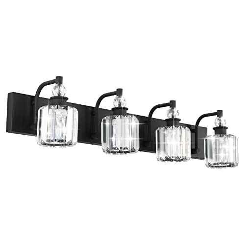 Ralbay Black Crystal Vanity Light Fixtures 4 Light Crystal Bathroom Vanity Lights Fixtures Over Mirror Modern Matte Black Bath Wall Lights - color: Black, size: 32 inch