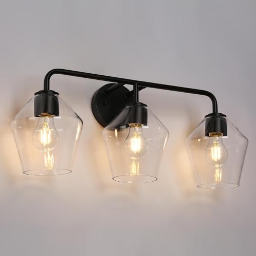 KSANA Bathroom Light Fixture, Modern Black Vanity Lights Over Mirror 3 Light Bathroom Lighting with Clear Glass - size: Diamond-shaped Shade