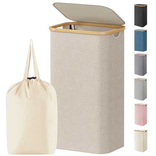 Lifewit 100L Laundry Basket with Lid, Clothes Hampers for Laundry with Bamboo Handles and 1 Removable Bag, Large Foldable Laundry Hamper for Bedroom, Bathroom, Dorm, Laundry Room, Beige - color: Beige, size: 100L