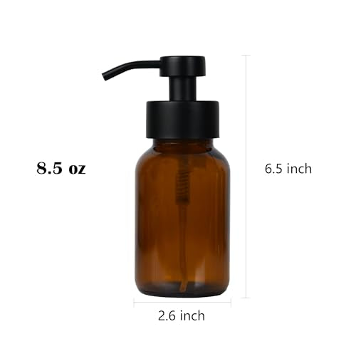 8.5 oz Amber Glass Foam soap Dispenser with Black Rust-Proof Foam Pump, refillable Thick Glass Foam soap Dispenser for Kitchen and Bathroom (1, 8.5 oz) - size: 8.5 oz