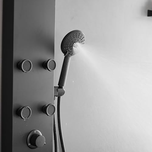 Rainfall Shower Panel Shower Tower System Adjustable Shower Head Round,Stainless Steel with 6 Body Jets Massage, 3 IN 1 Bathroom Shower Wall Mount, Black - color: Black