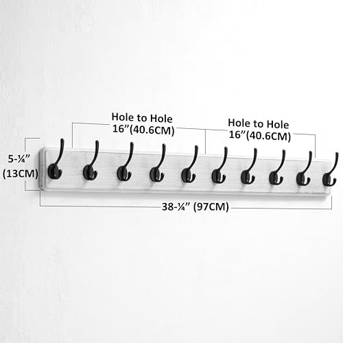 Wall Mounted Coat Rack: 38-1/4" Long, Patented, Heavy-Duty, 10-Double-Hooks Wooden Hanger Rail for Winter Coats, Hat, Jacket, Clothing - White & Black, Pack of 2 - color: White & Black, size: L=38.3"(2pcs)