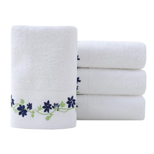 Pidada Hand Towels Set of 4 Embroidered Floral Pattern 100% Cotton Absorbent Soft Decorative Towel for Bathroom (White Pattern 5) - color: 4 White Pattern 5