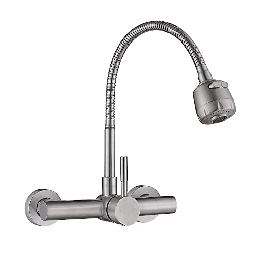 Wall Mount Faucet 8"" Center, with Flexible Hose and Dual Functional Sprayer - color: Style A, Brushed Nickle